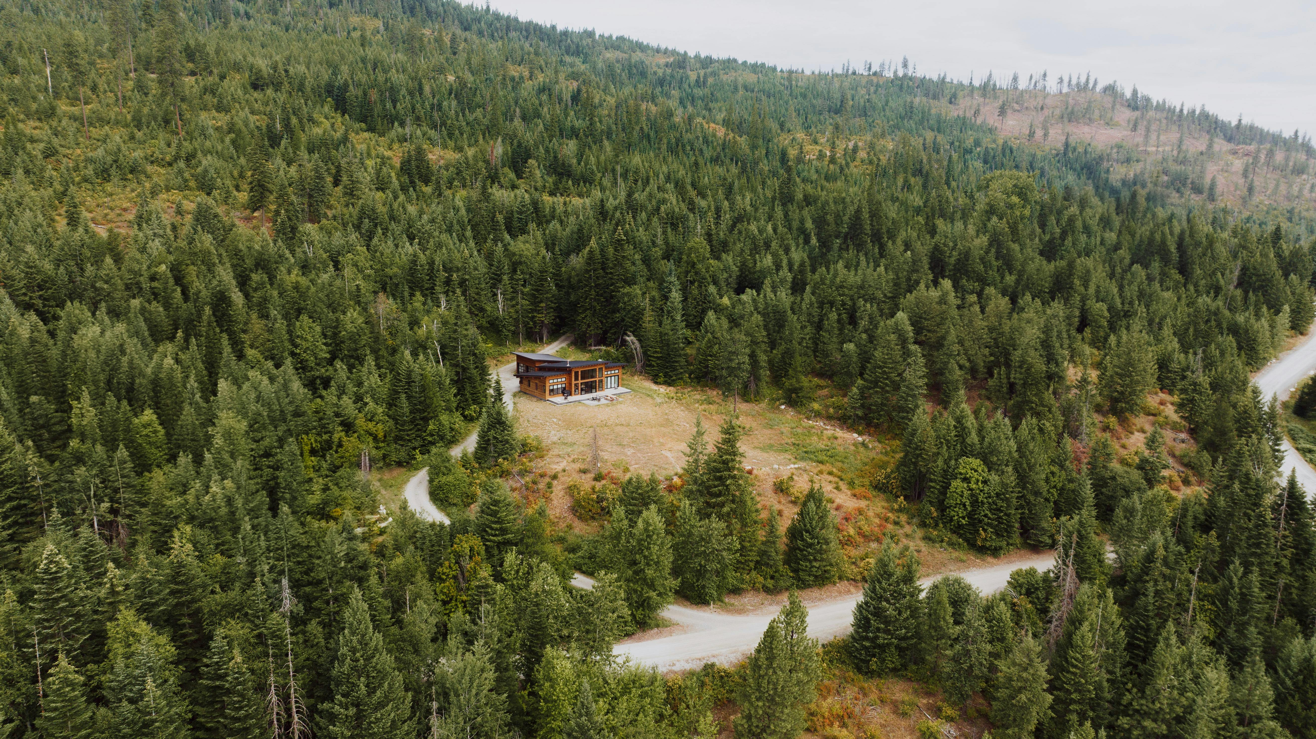 Aerial view of a remote cabin surrounded by dense forest in Priest River, Idaho.