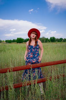 Stylish woman in floral dress and hat standing in a Colorado field during summer.