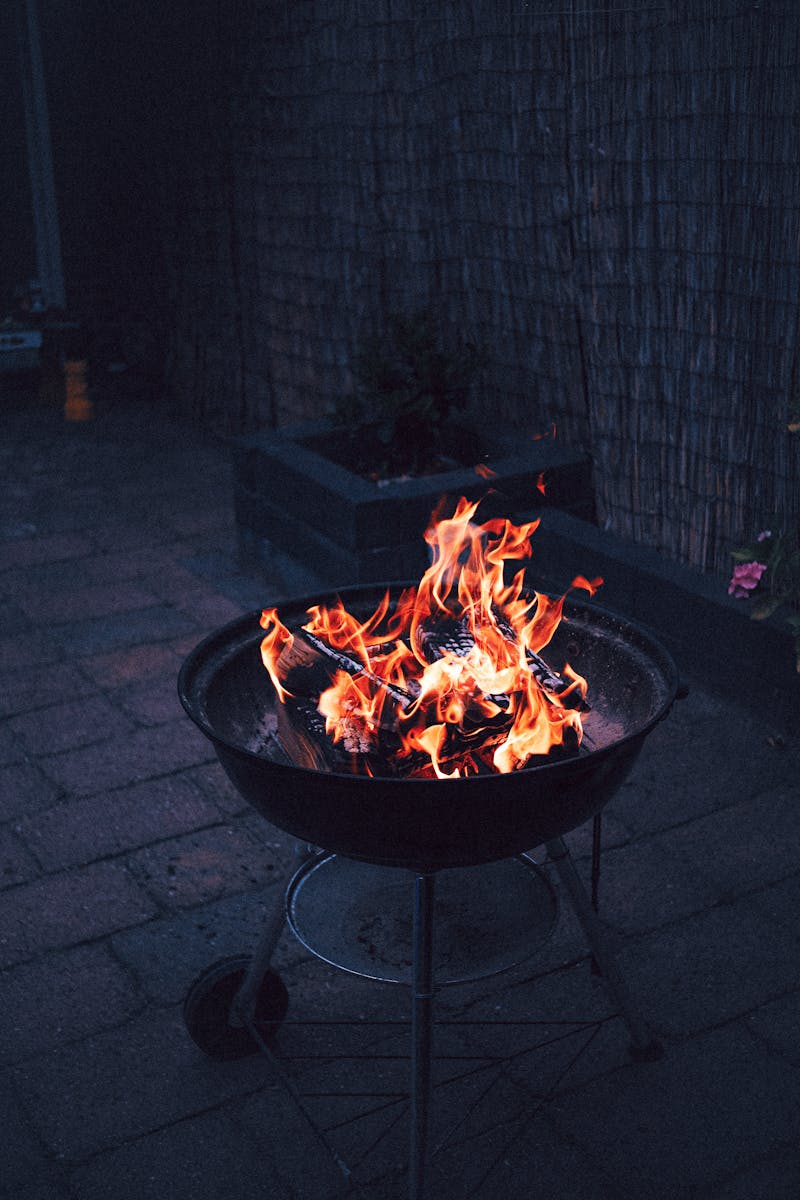Fire pit on a patio with warm glow