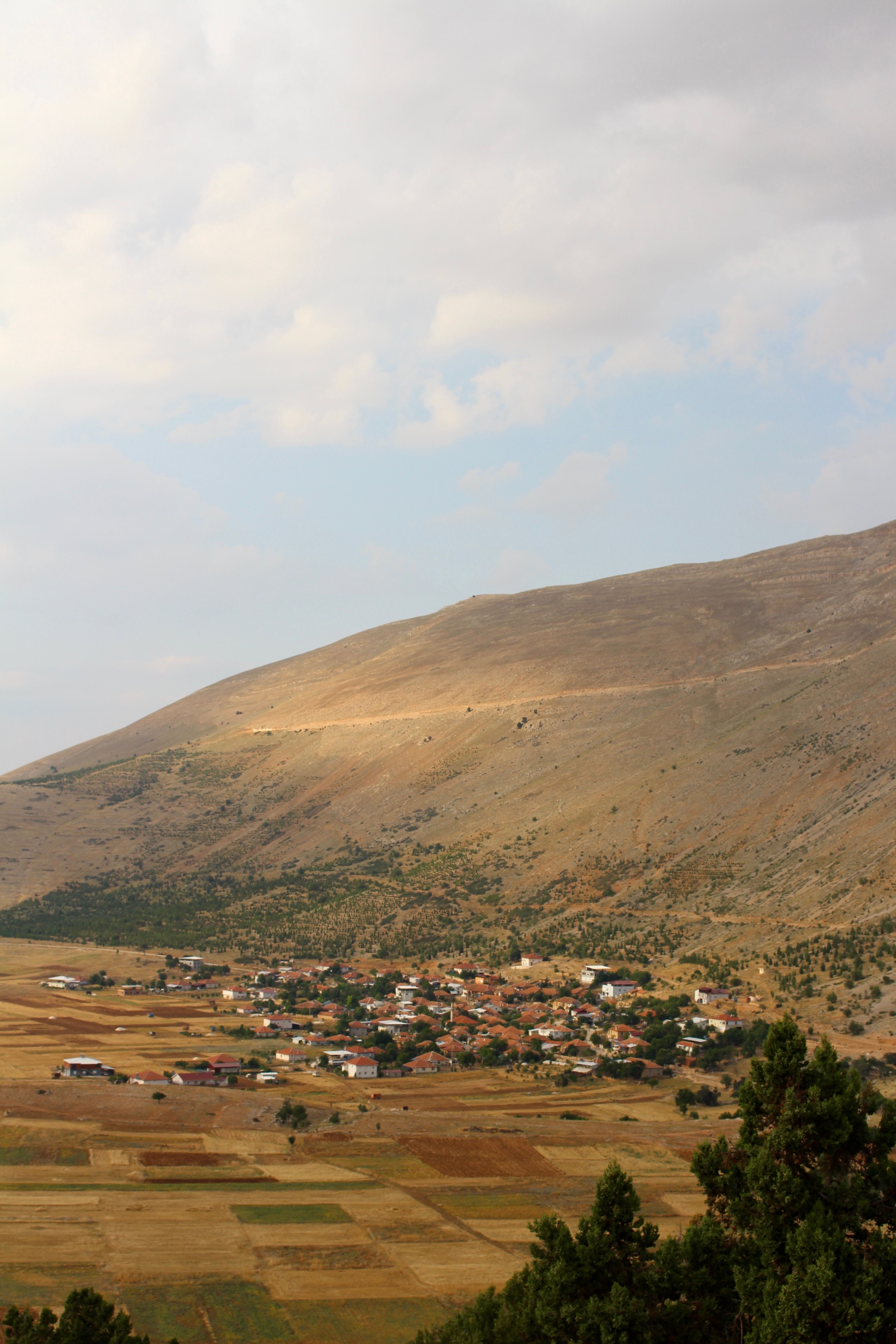 A picturesque village surrounded by sprawling farmland and rugged mountains under a cloudy sky.