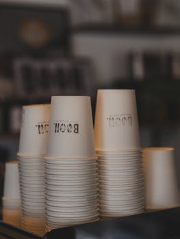 Upturned paper coffee cups stacked neatly in a cozy cafe setting, ready for use.