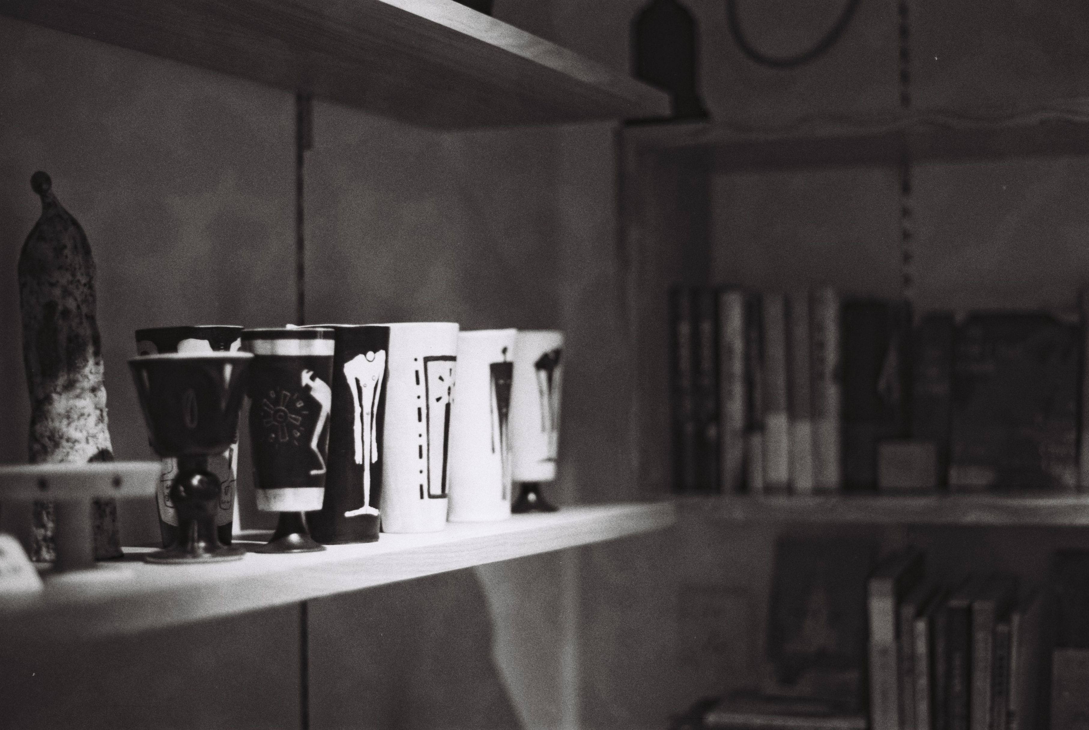 Monochrome shelves displaying unique decorative cups and books, offering an artistic vibe.