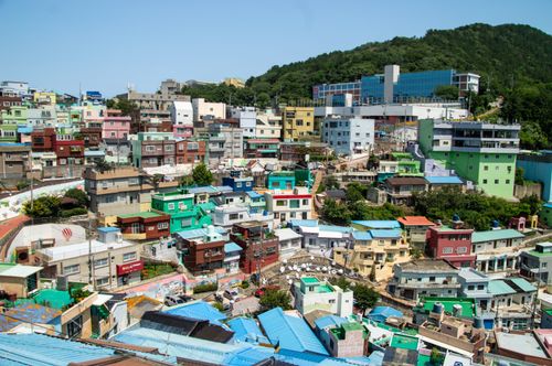 Free Colorful houses in Gamcheon Culture Village, showcasing vibrant urban scenery and unique architecture. Stock Photo