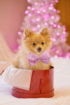 一只装在粉色蝴蝶结礼品盒里的可爱博美犬，非常适合宠物爱好者