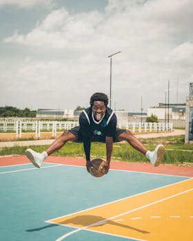 Dynamic image of a basketball player leaping with energy on an outdoor court.