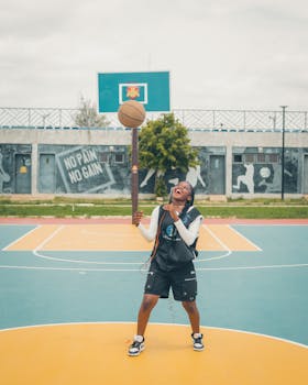 A happy basketball player spinning a ball on an outdoor court.