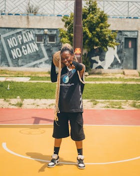 Confident woman with basketball on colorful outdoor court, ready to play.