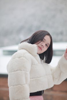 Stylish woman in a white coat poses outdoors during wintertime.