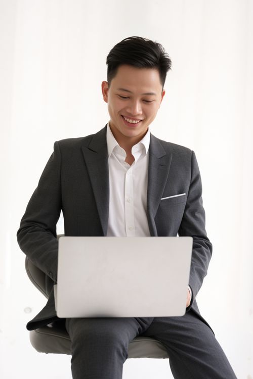Free Young man in a suit smiling while using a laptop. Perfect for business or technology themes. Stock Photo