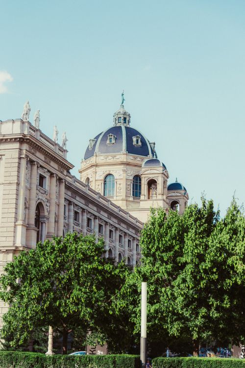 Free Captivating view of Vienna's historic architecture, showcasing a majestic dome surrounded by lush greenery. Stock Photo