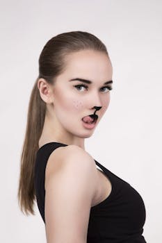 黑发女子画着猫妆，开玩笑地摆出角色扮演的姿势