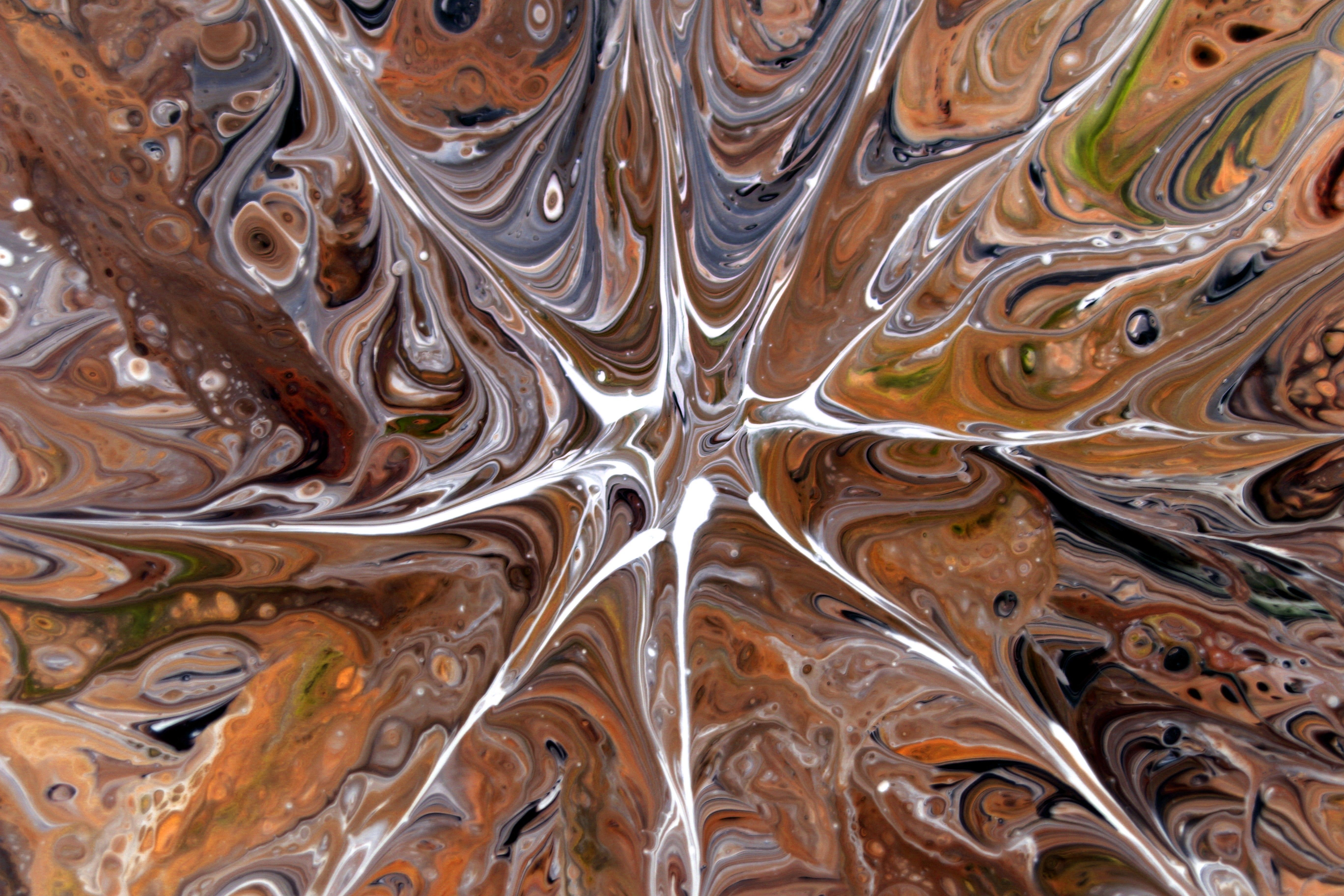 Capture of abstract fluid art featuring swirling earth tones and intricate patterns resembling a starburst.