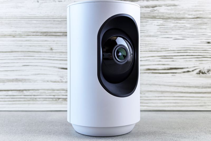 Close-up of a white indoor security camera against a wooden backdrop, showcasing modern design.