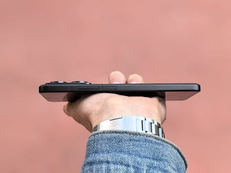 A person holding a smartphone horizontally against a soft pink backdrop, showcasing the device's slim profile.