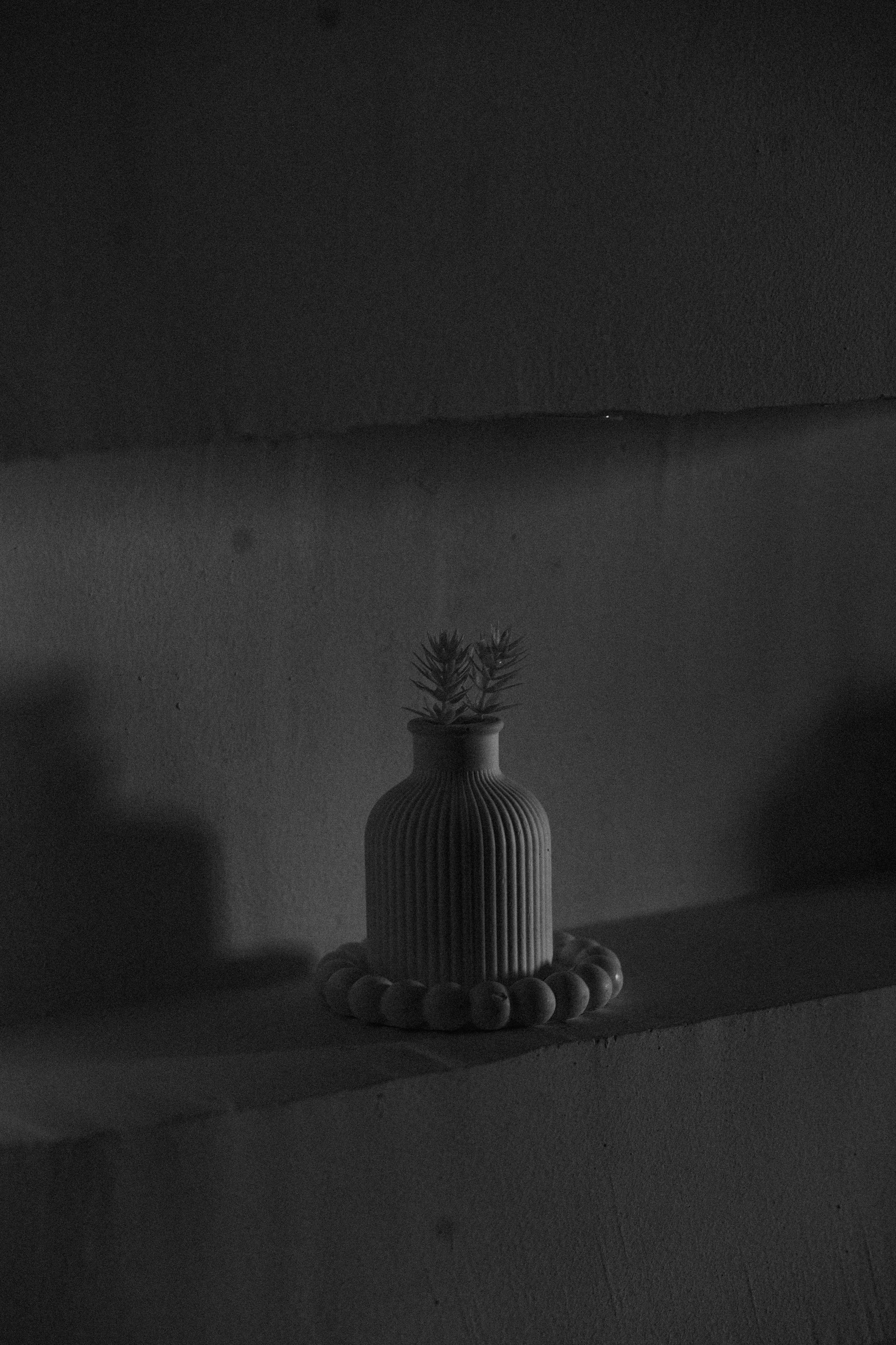 Kostenlos Ein dunkles und minimalistisches Bild einer Vase auf einem Regal mit weichen Schatten. Stock-Foto