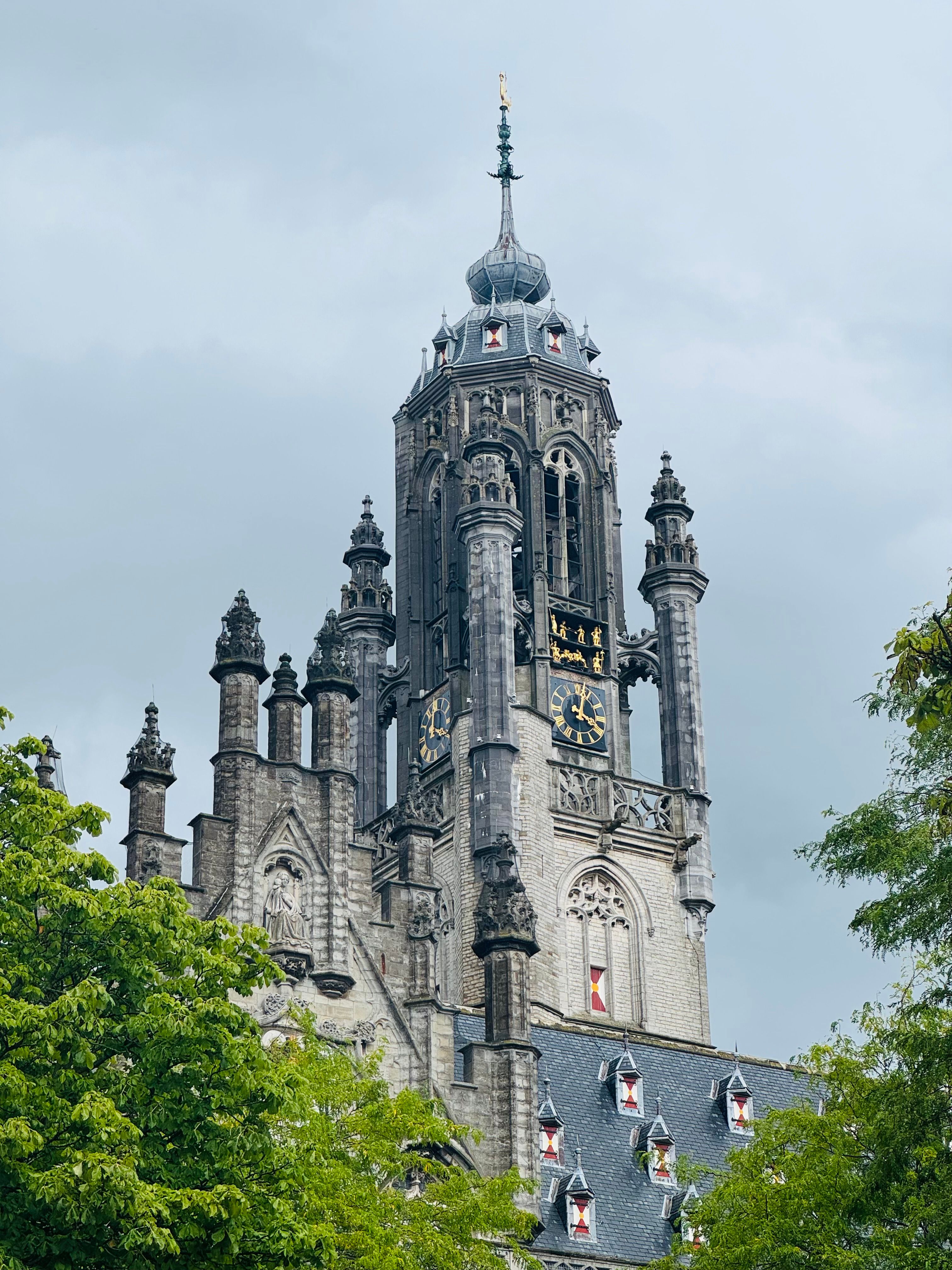 Majestic Gothic church tower with intricate architecture under cloudy skies.