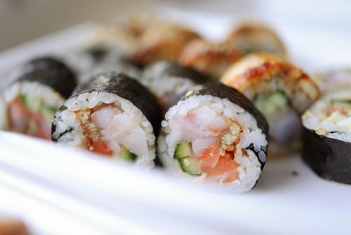 Free Close-up of assorted sushi rolls showcasing fresh seafood and vegetables. Stock Photo