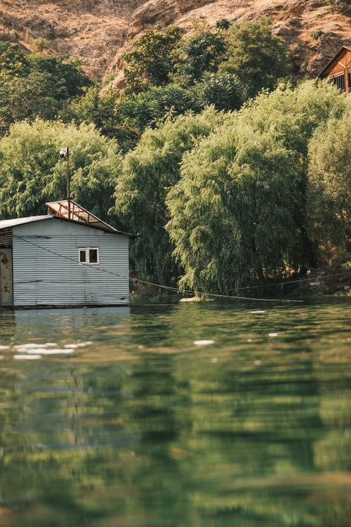 Free Serene view of a cabin by the lake surrounded by lush trees and hills. Stock Photo