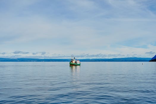 A colorful boat floats serenely on the calm waters of Lake Taupō under a cloudy sky.