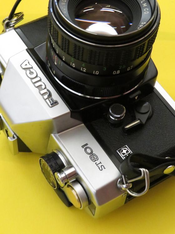Fujica ST801 on a yellow backdrop