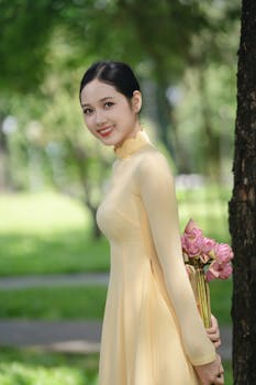 Smiling woman in yellow áo dài holding pink lotus flowers outdoors.