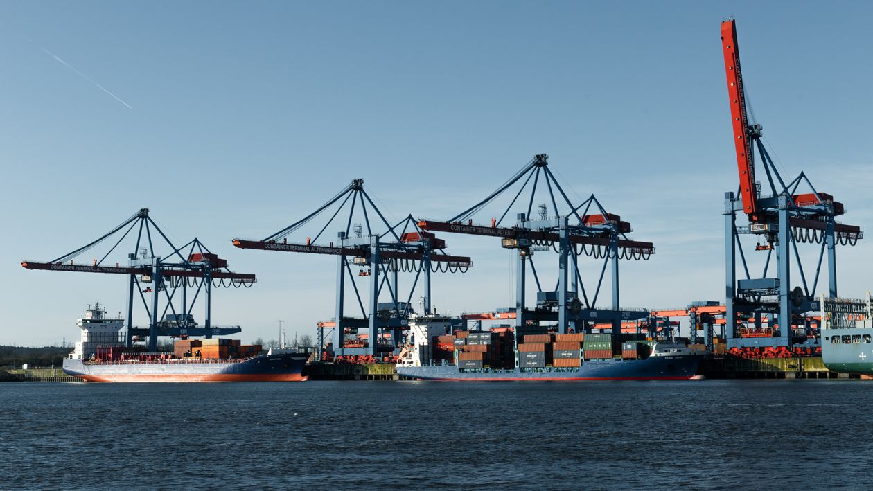 Container ships and cranes at Hamburg port