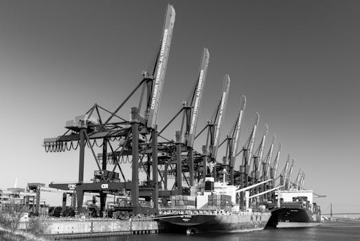 Black and white photo of container ships at Hamburg's busy port terminal in Germany.