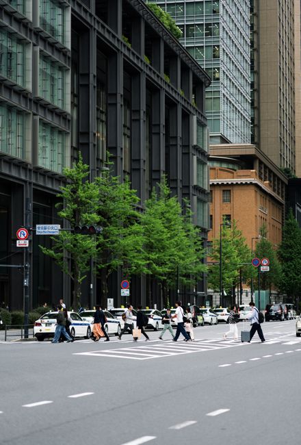 Busy urban street in Japan with pedestrians crossing and cars lined up.