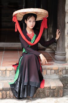 Young woman in traditional Vietnamese dress with conical hat sitting on steps indoors.
