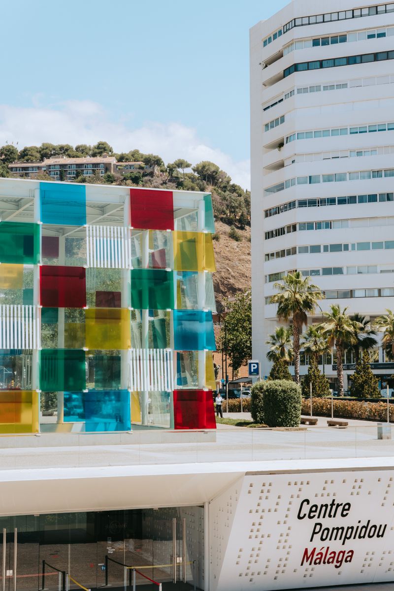 Multicolored glass canopy cube of Centre Pompidou Málaga