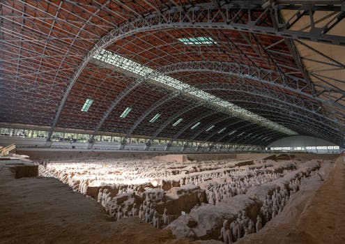 Wide-angle view of the Terracotta Army in Xi'an, housed in a modern structure.