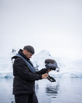 A photographer adjusts his camera amidst snowy arctic scenery, embodying exploration and adventure.