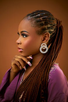 Side profile of a woman with braided hair and elegant jewelry against a warm background.