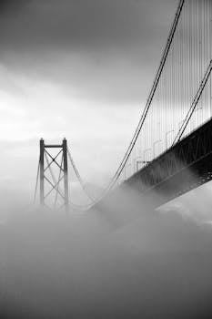 这张黑白照片中，一座吊桥笼罩在雾里，营造出戏剧性的场景