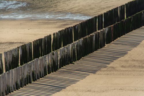 Free Wooden pilings casting long shadows on a sandy beach, creating a geometric pattern under the sunlight. Stock Photo