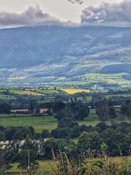 A breathtaking aerial shot of Ireland's lush green countryside, showcasing its rolling hills and picturesque landscape.