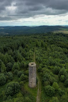 Aerial shot of a historic stone tower surrounded by dense green forest under a cloudy sky.