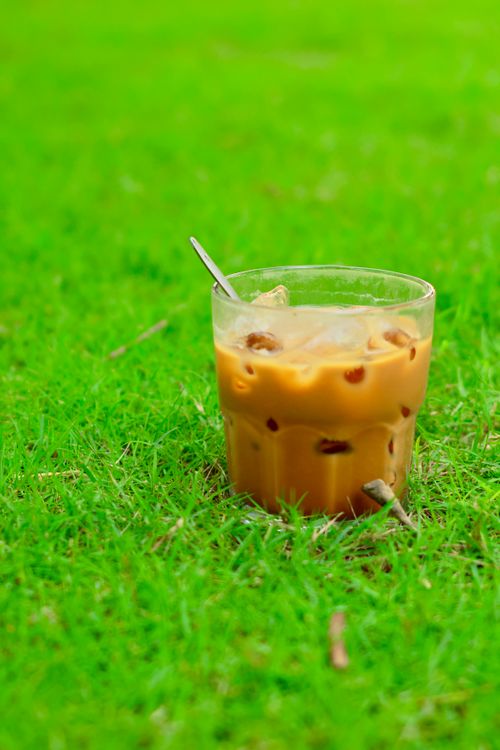 Free Glass of iced coffee resting on lush green grass, perfect summer refreshment. Stock Photo