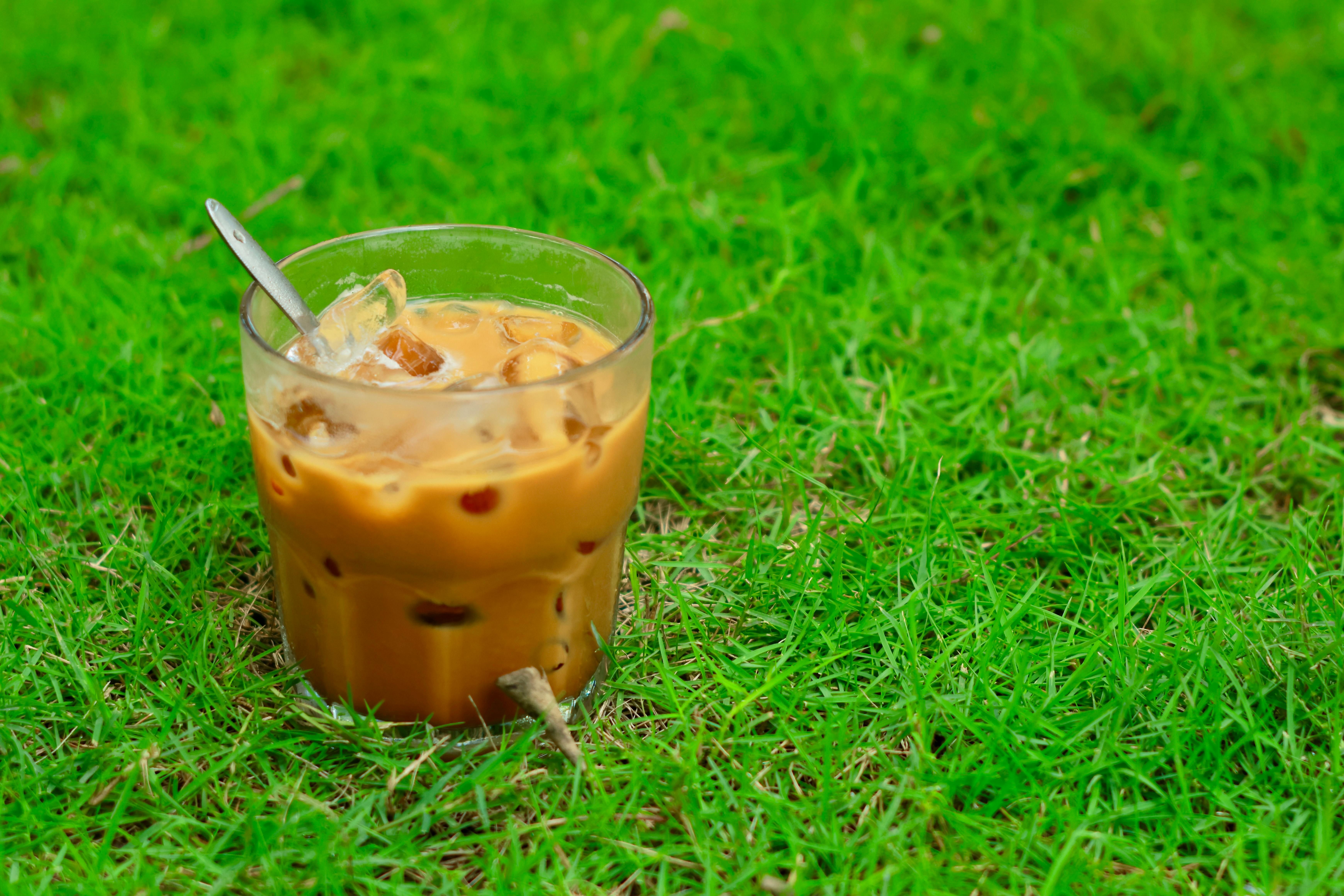 Glass of iced coffee with a spoon, resting on vibrant green grass outdoors.