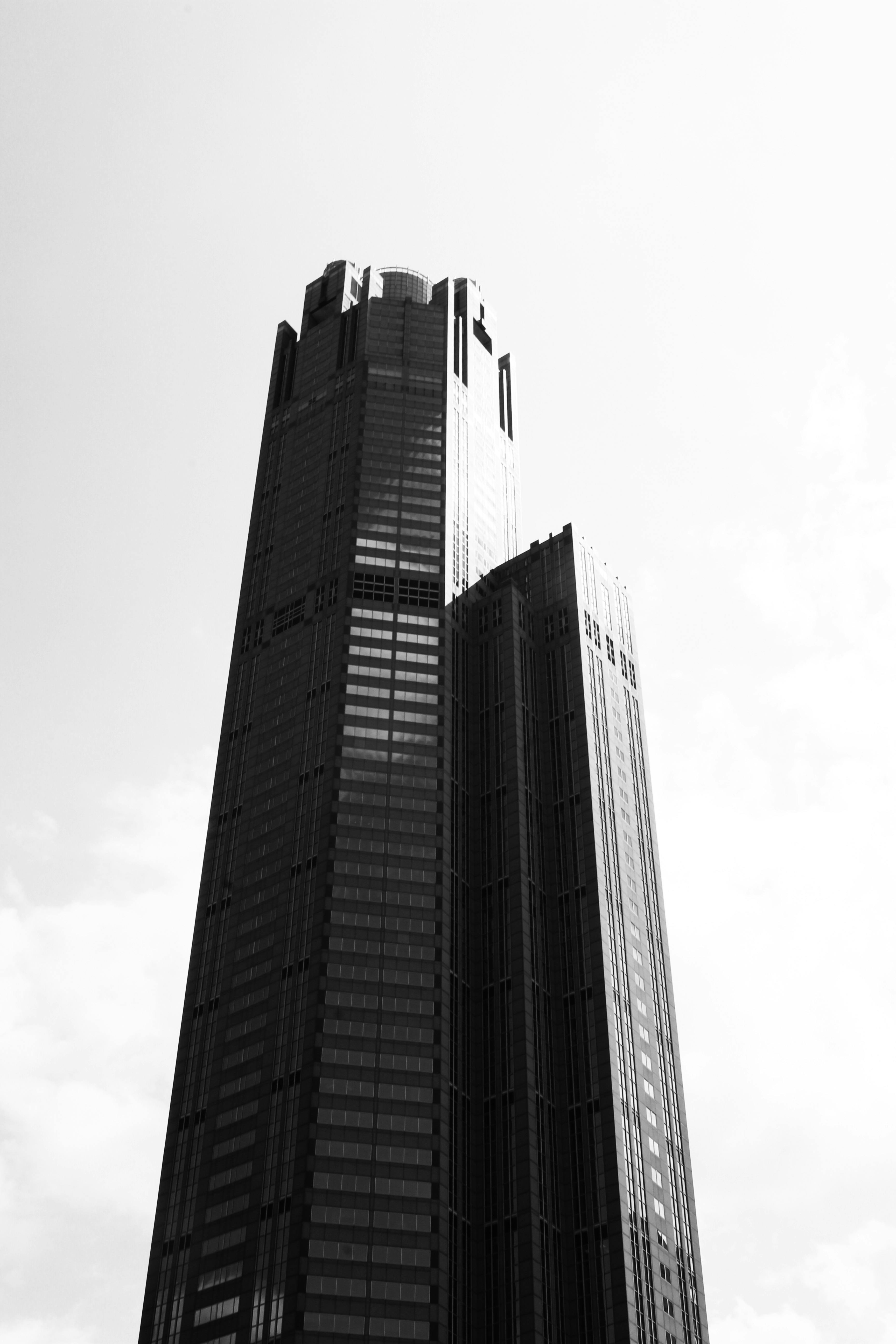 免费 具有戏剧性灯光和建筑细节的现代摩天大楼的黑白图像。 素材图片