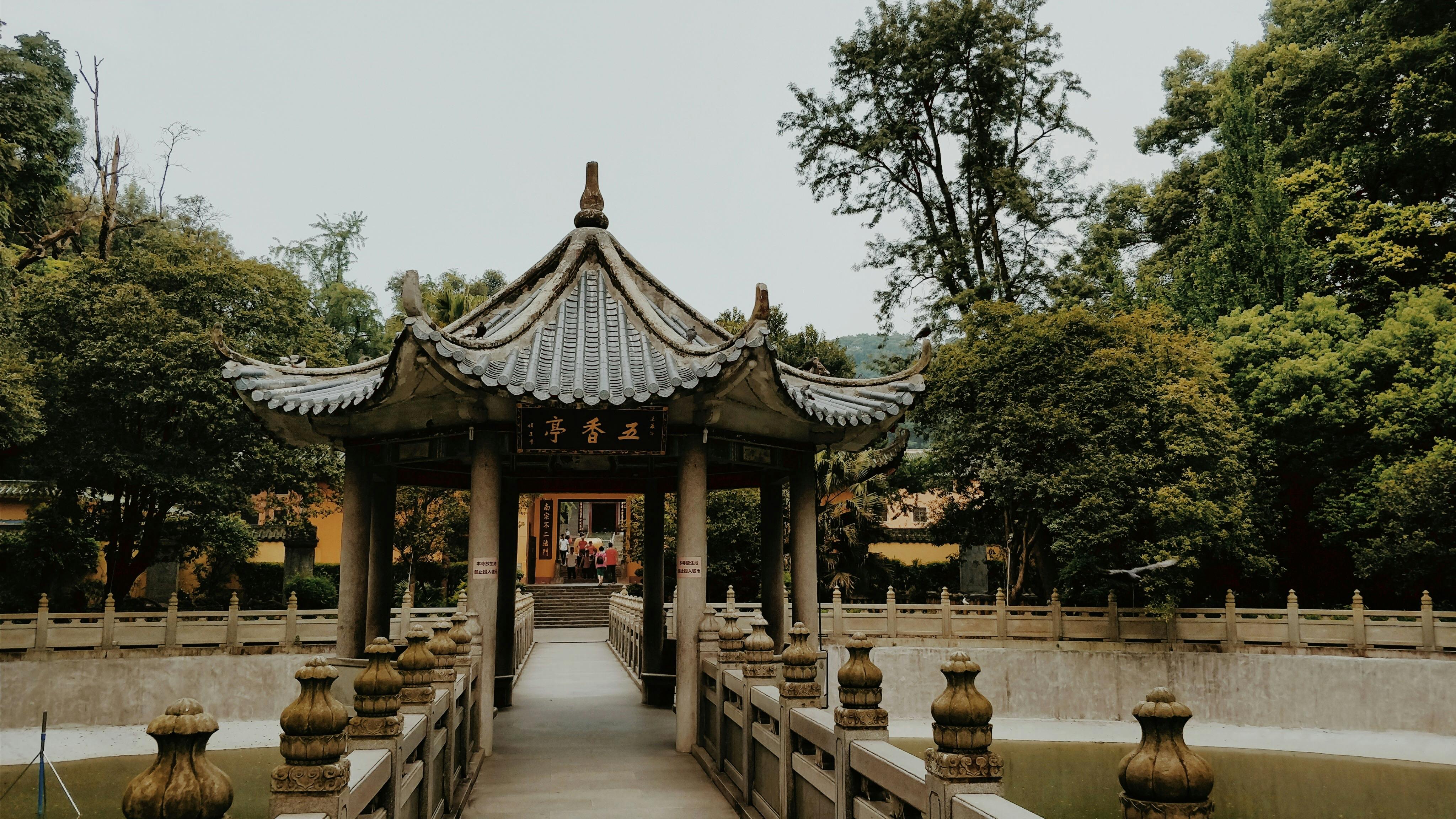 Traditional Chinese pavilion in lush garden setting during summer, offering a peaceful and cultural atmosphere.