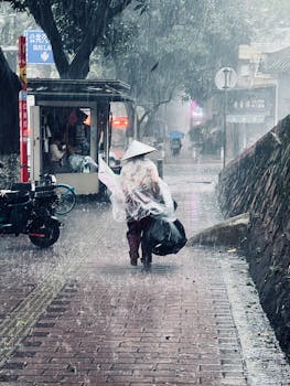 A person walking in heavy rain on a Southeast Asian street, capturing urban life.
