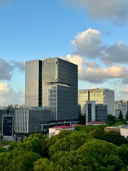 View of contemporary office buildings in Shanghai, China, featuring lush green trees and a bright sky.