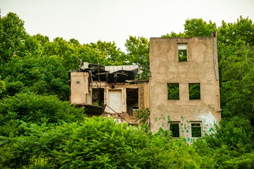 Free A dilapidated building surrounded by thick trees in Tbilisi, Georgia. Stock Photo