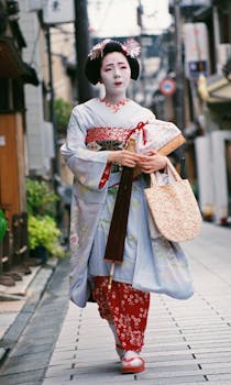 Geisha in kimono walking through Kyoto, showcasing Japanese culture.