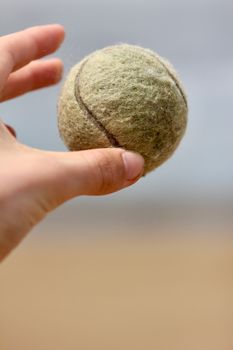A hand holding a worn tennis ball against an outdoor background, suitable for sports themes.