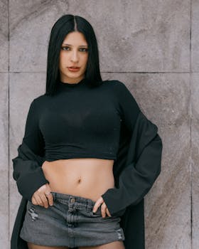 Stylish young woman poses in black top and ripped denim shorts against a stone wall in Buenos Aires.