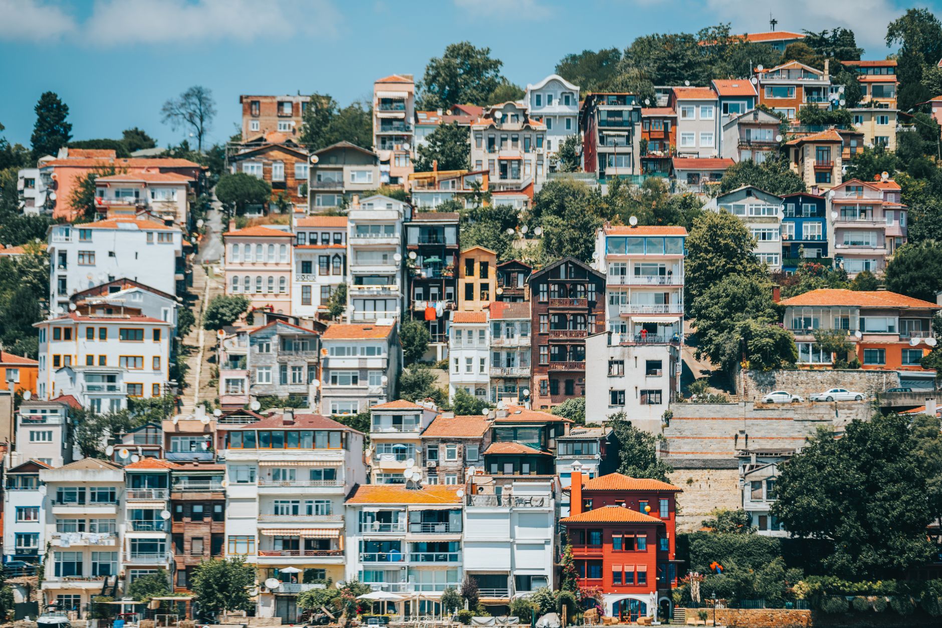 Vibrant view of colorful hillside buildings, showcasing diverse architectural styles in a lush urban setting.