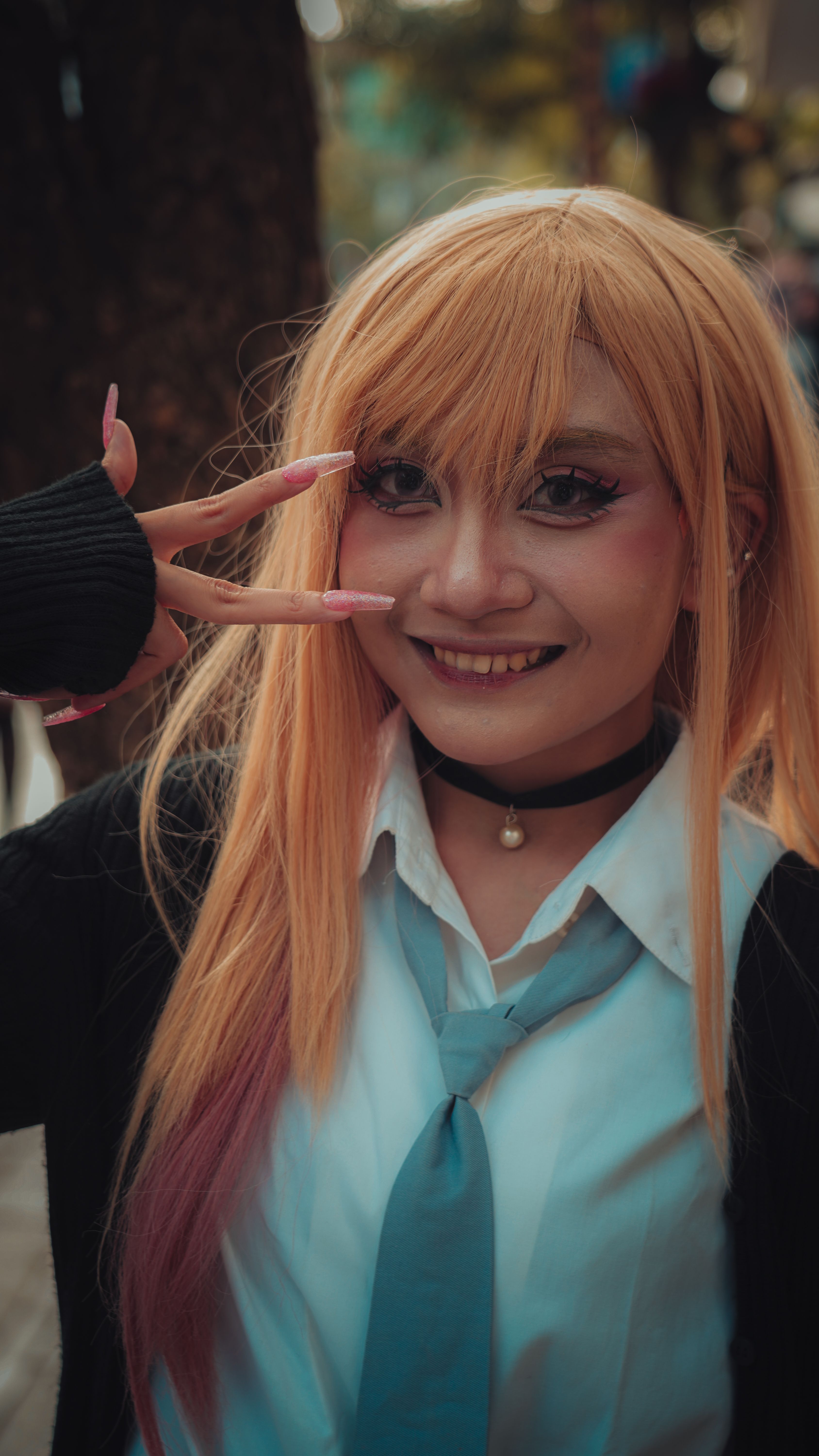 Anime Cosplay Character with Peace Gesture