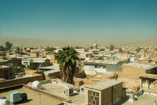 A panoramic view of Shiraz's rooftops, featuring a prominent mosque under a clear blue sky.